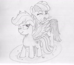 Size: 5344x4710 | Tagged: safe, artist:periodicbrony, character:rainbow dash, character:scootaloo, species:pony, newbie artist training grounds, absurd resolution, monochrome, preening, scootaloo can fly, scootalove, traditional art