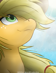 Size: 2000x2600 | Tagged: safe, artist:ravenevert, character:applejack, species:pony, bust, cloud, female, looking up, mare, portrait, smiling, solo
