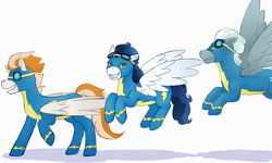 Size: 1500x900 | Tagged: safe, artist:guiltyp, character:fire streak, character:high winds, character:silver lining, species:pegasus, species:pony, clothing, female, goggles, male, mare, simple background, stallion, uniform, white background, wonderbolts uniform