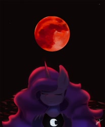 Size: 814x982 | Tagged: safe, artist:sanzols, character:princess luna, species:alicorn, species:pony, black background, blood moon, eclipse, eyes closed, female, lunar eclipse, mare, moon, signature