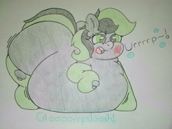Size: 4032x3024 | Tagged: safe, artist:dorky-oreo-pone, oc, oc only, oc:varah bubble, species:pony, belly, big belly, blushing, burp, chubby, chubby cheeks, fat, female, huge belly, obese, simple background, solo, squishy, stomach noise, traditional art