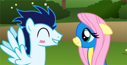Size: 3808x1971 | Tagged: safe, artist:meandmyideas, character:fluttershy, character:soarin', blushing, clothing, crack shipping, eyes closed, female, male, shipping, smiling, soarinshy, straight, uniform, vector, wonderbolts uniform, wondershy
