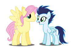 Size: 1024x722 | Tagged: safe, artist:meandmyideas, edit, character:fluttershy, character:soarin', species:pegasus, species:pony, butterscotch, female, glide, looking at each other, male, rule 63, shipping, simple background, soarinshy, straight, transparent background, vector, wide eyes