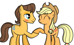 Size: 1698x1027 | Tagged: safe, artist:meandmyideas, character:applejack, character:caramel, ship:carajack, bedroom eyes, blushing, eyes closed, female, holding hooves, male, shipping, simple background, straight, transparent background, vector
