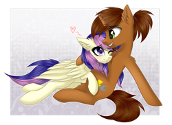 Size: 1024x744 | Tagged: safe, artist:queenofsilvers, oc, oc only, oc:coppercore, oc:lilith kamaria, species:pony, blushing, cuddling, male, shipping, smiling, stallion