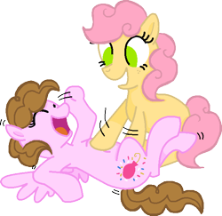 Size: 640x621 | Tagged: safe, artist:summersketch-mlp, artist:thedrksiren, base used, oc, oc only, oc:confetti pie, oc:confetti surprise, parent:cheese sandwich, parent:pinkie pie, parents:cheesepie, species:earth pony, species:pegasus, species:pony, kindverse, duo, duo female, eyes closed, female, laughing, offspring, simple background, smiling, tickling, transparent background