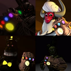 Size: 2560x2560 | Tagged: safe, artist:jachau, artist:megatron-returns, character:lord tirek, 3d, avengers: infinity war, bayformers, crossover, five nights at freddy's, five nights at freddy's 3, five nights at freddy's 4, infinity gauntlet, infinity stones, megatron, nightmare (animatronic), nightmare (five nights at freddy's 4), source filmmaker, springtrap, this will end in disintegration, transformers, transformers the last knight, xk-class end-of-the-world scenario