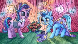 Size: 969x548 | Tagged: safe, artist:red-watercolor, character:starlight glimmer, character:trixie, species:pony, species:unicorn, ship:startrix, assistant, bouquet, clothing, duo, female, flower, lesbian, magic show, magic trick, marriage proposal, rose, shipping, stage, traditional art, watercolor painting