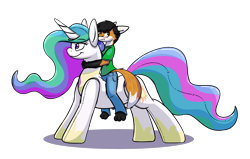 Size: 4000x2543 | Tagged: safe, artist:arcaroo, artist:snickerdoodle-mod, character:princess celestia, non-mlp oc, oc, species:alicorn, species:anthro, species:fox, species:pony, :t, anthro with ponies, blushing, female, furry, furry oc, inflatable, inflatable pony, inflatable toy, jewelry, mare, non-pony oc, pool toy, pouting, profile, regalia, riding, simple background, solo, transparent background