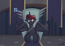 Size: 1748x1240 | Tagged: safe, artist:christheblue, oc, oc only, oc:inimicus mal, species:alicorn, species:pony, alicorn oc, banners, bored, castle, commission, earbuds, fanfic, ipod, lullabye, opera diaboli, photo, red and black oc, solo, throne, throne room