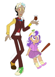 Size: 868x1216 | Tagged: safe, artist:girgrunny, character:discord, character:screwball, baseball bat, based on song and pmv, bloomers, chaos, clothing, daddy discord, disharmony, father and daughter, female, gentleman, glass, hat, humanized, male, propeller hat, simple background, skinny, skirt, swirly eyes, upskirt, white background