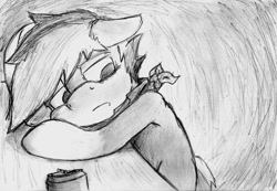 Size: 1521x1054 | Tagged: safe, artist:spackle, oc, oc only, oc:buck evergreen, species:pony, alcohol, bandana, beer, depression, floppy ears, lonely, male, melancholy, monochrome, sad, slumped, solo, stallion, table, traditional art, vent art