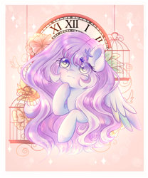 Size: 1000x1200 | Tagged: safe, artist:whiskyice, oc, species:pegasus, species:pony, abstract background, birdcage, blushing, bust, clock, colored wings, colored wingtips, cute, female, flower, hairclip, heterochromia, hoof under chin, looking up, mare, pretty, purple eyes, purple hair, sparkles, wings, yellow eyes