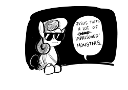 Size: 1748x1240 | Tagged: safe, artist:christheblue, character:bon bon, character:sweetie drops, species:earth pony, species:pony, black and white, bon bond, dead monsters, doom, female, grayscale, meme, monochrome, simple background, solo, transparent background