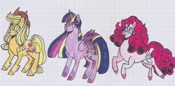 Size: 640x316 | Tagged: safe, artist:draw1709, character:applejack, character:pinkie pie, character:twilight sparkle, character:twilight sparkle (alicorn), species:alicorn, species:pony, simple background, traditional art, white background