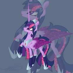 Size: 4000x4000 | Tagged: safe, artist:crystalcontemplator, character:twilight sparkle, character:twilight sparkle (alicorn), species:alicorn, species:pony, alternate design, big wings, boots, clothing, crown, female, long horn, long mane, long tail, mare, peytral, regalia, shoes, signature, socks, solo, starry eyes, wingding eyes, wings, zoom layer