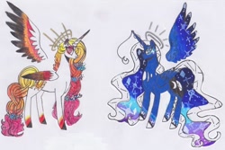Size: 1024x682 | Tagged: safe, artist:draw1709, character:princess celestia, character:princess luna, species:pony, alternate design, traditional art
