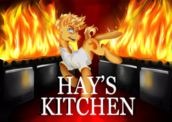 Size: 4960x3507 | Tagged: safe, artist:dankpegasista, character:gourmand ramsay, species:pony, species:unicorn, blonde hair, carpet, chef, cook, dangerous, fire, gordon ramsay, hell's kitchen, kitchen, male, oven, ponified, poster, red carpet, solo, stallion, stove