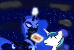 Size: 647x441 | Tagged: safe, artist:kahnac, character:nightmare moon, character:princess luna, character:shining armor, species:alicorn, species:pony, species:unicorn, 1000 years in photoshop, cloud, duo, edmond dantes, female, letter, magic, mail, male, mare, night, open mouth, stallion, the count of monte cristo, what could possibly go wrong