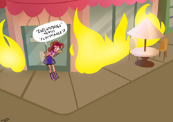 Size: 1748x1240 | Tagged: safe, artist:christheblue, character:pinkie pie, species:human, my little pony:equestria girls, boots, clothing, dialogue, female, fire, shoes, simpsons did it, skirt, solo, speech bubble, sugarcube corner, the simpsons, this ended in fire