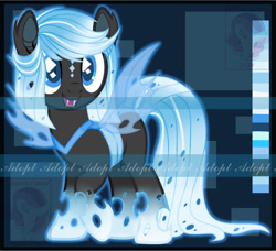 Size: 1704x1554 | Tagged: safe, artist:auroracursed, oc, oc only, species:changeling, adoptable, advertisement, auction, blue changeling, changeling oc, commission, cute, cute little fangs, digital art, fangs, female, happy, looking at you, obtrusive watermark, ocbetes, open mouth, smiling, solo, watermark, ych example, your character here