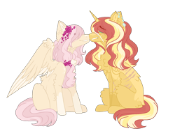 Size: 1600x1200 | Tagged: safe, artist:jaysey, character:fluttershy, character:sunset shimmer, ship:sunshyne, chest fluff, female, lesbian, shipping, simple background, transparent background