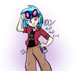 Size: 1131x1074 | Tagged: safe, artist:christheblue, character:dj pon-3, character:vinyl scratch, species:human, my little pony:equestria girls, cargo pants, clothing, female, flannel shirt, glasses, headphones, hipster, humanized, pants, solo, soundwave, transformers