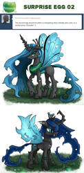 Size: 882x1813 | Tagged: dead source, safe, artist:php13, character:princess celestia, character:princess luna, species:changeling, askchrysalis, changeling queen, female, species swap
