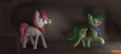 Size: 1599x715 | Tagged: safe, artist:deerdraw, oc, oc only, oc:cherry cerise, oc:hickory leaf, species:earth pony, species:pony, cave, commission, ear piercing, female, glasses, lava, male, minecraft, pickaxe, piercing, walking
