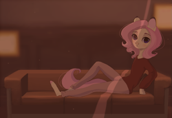 Size: 1457x1000 | Tagged: safe, artist:sarkarozka, character:fluttershy, species:anthro, g4, butterscotch, clothing, couch, looking at you, male, pants, rule 63, solo, sweater