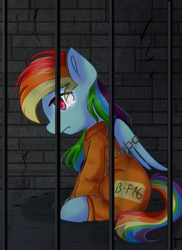 Size: 985x1351 | Tagged: safe, artist:whiskyice, character:rainbow dash, b-f16, bound wings, cell, chains, clothing, female, jail, never doubt rainbowdash69's involvement, prison, prison outfit, prisoner rd, sad, solo