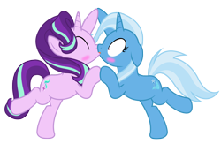 Size: 1658x1080 | Tagged: safe, artist:darkstorm619, derpibooru original, character:starlight glimmer, character:trixie, species:pony, species:unicorn, ship:startrix, episode:on the road to friendship, blushing, female, floppy ears, french kiss, happy, kissing, lesbian, mare, pose, shipping, shocked, simple background, transparent background