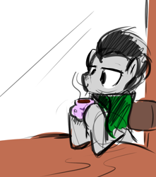 Size: 948x1074 | Tagged: safe, artist:christheblue, character:lucky clover, species:earth pony, species:pony, background pony, chair, clothing, coffee, colored, colored sketch, cup, male, mug, scarf, simple background, sketch, stallion, table, window