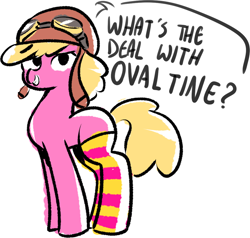 Size: 970x924 | Tagged: safe, artist:christheblue, character:cherry berry, species:earth pony, species:pony, aviator goggles, aviator hat, background pony, cigar, clothing, colored, dialogue, female, hat, legwear, mare, missing cutie mark, reference, seinfeld, simple background, smoking, socks, solo, striped socks