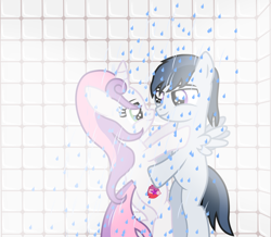 Size: 1890x1647 | Tagged: safe, artist:meandmyideas, character:rumble, character:sweetie belle, species:pegasus, species:pony, species:unicorn, ship:rumbelle, bath, bathroom, bedroom eyes, colt, female, filly, foal, looking at each other, male, shipping, shower, smiling, straight, water, wet, wet mane
