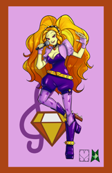 Size: 828x1280 | Tagged: safe, alternate version, artist:srasomeone, character:adagio dazzle, species:human, my little pony:equestria girls, belt, bolero jacket, boots, breasts, busty adagio dazzle, cleavage, clothing, cutie mark background, female, fingerless gloves, gem, gloves, headband, high heel boots, leggings, microphone, pink background, raised leg, romper, shoes, simple background, singing, siren gem, solo, spiked belt, spiked headband