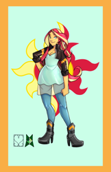 Size: 828x1280 | Tagged: safe, alternate version, artist:srasomeone, character:sunset shimmer, species:human, my little pony:equestria girls, blue background, boots, breasts, cleavage, clothing, cutie mark background, dress, female, hand on hip, high heel boots, jacket, leather jacket, leggings, looking at you, shoes, simple background, smiling, solo