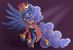 Size: 3896x2717 | Tagged: safe, artist:eljonek, idw, character:princess luna, species:alicorn, species:pony, spoiler:comic, bow tie, clothing, female, hat, high heels, looking at you, looking back, looking back at you, mare, moon, shoes, solo, top hat