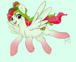 Size: 1412x1152 | Tagged: safe, artist:bestiary, oc, oc only, oc:watermelana, species:pegasus, species:pony, flying, freckles, gradient hooves, looking at you, solo, spread wings, wings
