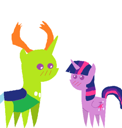 Size: 473x496 | Tagged: safe, artist:damiranc1, character:thorax, character:twilight sparkle, character:twilight sparkle (alicorn), species:alicorn, species:changeling, species:pony, species:reformed changeling, ship:twirax, antlers, chibi, cutie mark, female, looking at each other, male, ms paint, shipping, simple background, size difference, straight, white background