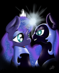 Size: 800x994 | Tagged: safe, artist:valemjj, character:nightmare moon, character:princess luna, species:alicorn, species:pony, horns are touching