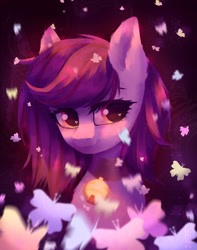 Size: 1712x2177 | Tagged: safe, artist:hikerumin, oc, oc only, oc:mystic blare, species:earth pony, species:pony, beautiful, bell, bell collar, bust, butterfly, collar, commission, cute, femboy, fluffy, looking at you, male, portrait, smiling, solo, sparkles, stallion, trap, ych result