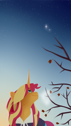 Size: 1252x2205 | Tagged: safe, artist:petalierre, character:sunset shimmer, species:pony, species:unicorn, clothing, female, horn, lineless, looking up, mare, smiling, solo, stars, sunset shimmer day, tree