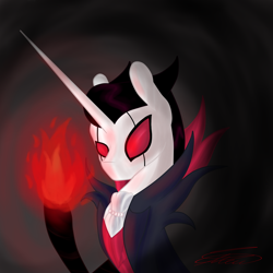 Size: 4000x4000 | Tagged: safe, artist:crystal-heart-with-isaak-astor, artist:crystalcontemplator, oc, species:pony, species:unicorn, black hair, clothing, cosplay, costume, crossover, fire, fuse, grimm, grimm troupe, hollow knight, long horn, red eyes, red fire, sable prime, troupe master grimm