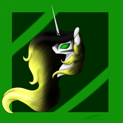 Size: 2000x2000 | Tagged: safe, artist:crystal-heart-with-isaak-astor, artist:crystalcontemplator, oc, oc:crystal heart, oc:crystalcontemplator, species:pony, species:unicorn, armor, green background, green eyes, helmet, infinity, long hair, long horn, simple background, tollenland