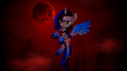 Size: 3840x2160 | Tagged: safe, artist:nightblood, oc, oc only, oc:nightblood eclipse, species:alicorn, species:pony, 3d, alicorn oc, blood moon, flying, forest, moon, not luna