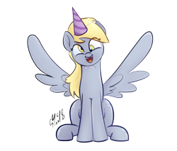 Size: 1296x1104 | Tagged: safe, artist:christheblue, character:derpy hooves, species:pegasus, species:pony, clothing, female, hat, head tilt, mare, party hat, simple background, sitting, smiling, solo, spread wings, transparent background, wings