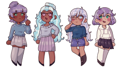 Size: 2400x1322 | Tagged: safe, artist:mochietti, character:maud pie, character:sugarcoat, oc, oc:rock candy (ice1517), oc:sweetie pie (ice1517), parents:maudcoat, species:human, icey-verse, alternate hairstyle, blushing, boots, chibi, clothing, commission, dark skin, ear piercing, earring, family, female, flats, glasses, hoodie, humanized, jewelry, lesbian, magical lesbian spawn, maudcoat, mother and daughter, next generation, offspring, one eye closed, open mouth, piercing, pleated skirt, shipping, shoes, shorts, simple background, skirt, socks, stockings, sweater, thigh highs, transparent background, wink