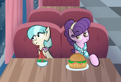 Size: 1810x1232 | Tagged: safe, artist:christheblue, character:coco pommel, character:suri polomare, species:earth pony, species:pony, booth, burger, duo, duo female, female, food, hay burger, mare, restaurant, salad, snow, table