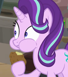 Size: 600x675 | Tagged: safe, artist:darka01, artist:dwk, edit, screencap, character:starlight glimmer, species:pony, episode:on the road to friendship, cropped, eating, female, food, meme, potato, puffy cheeks, solo, totally legit recap